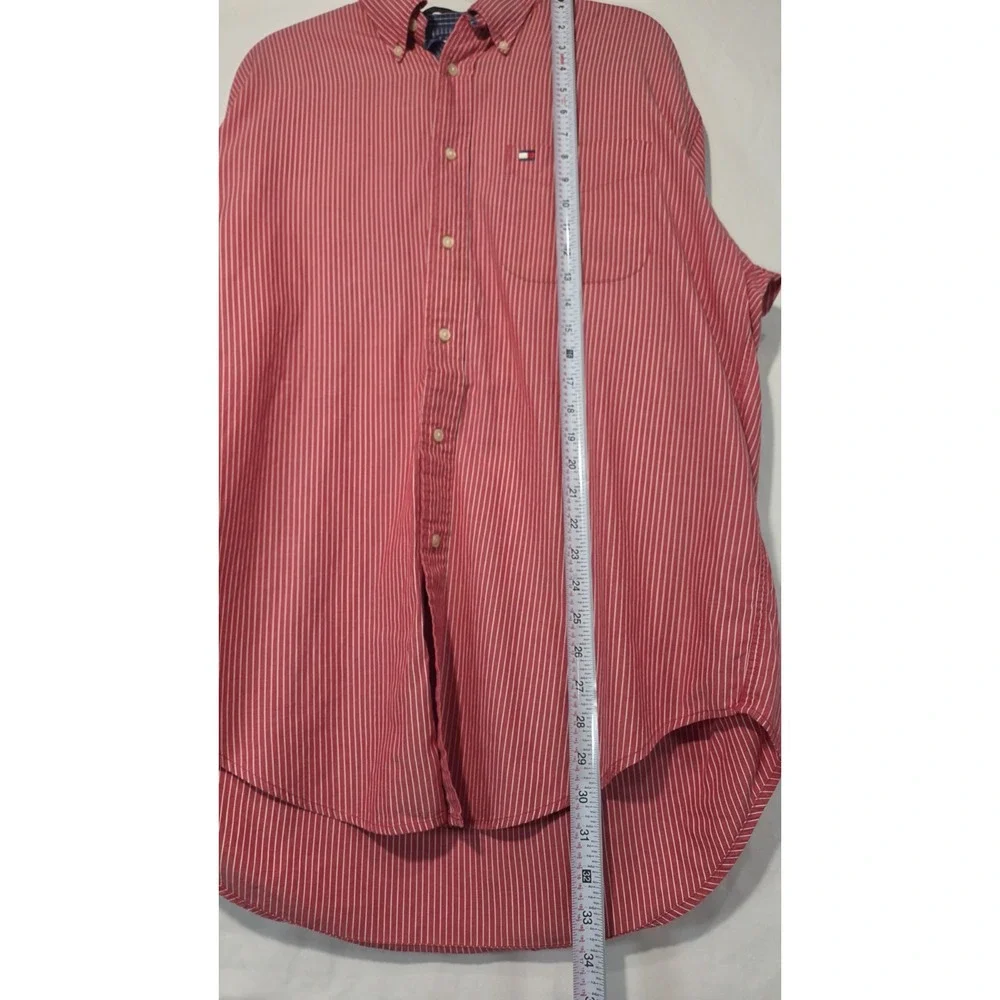 VTG Tommy Hilfiger Mens Dress Shirt Red White Vertical Striped Size M Nautical